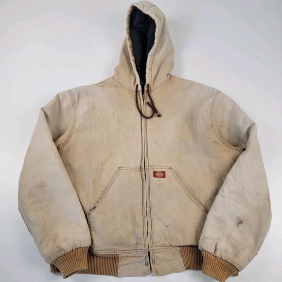 Vintage Y2K Dickies Beige Duck Canvas Hooded Work Wear Distressed Jacket Large - Picture 1 of 12